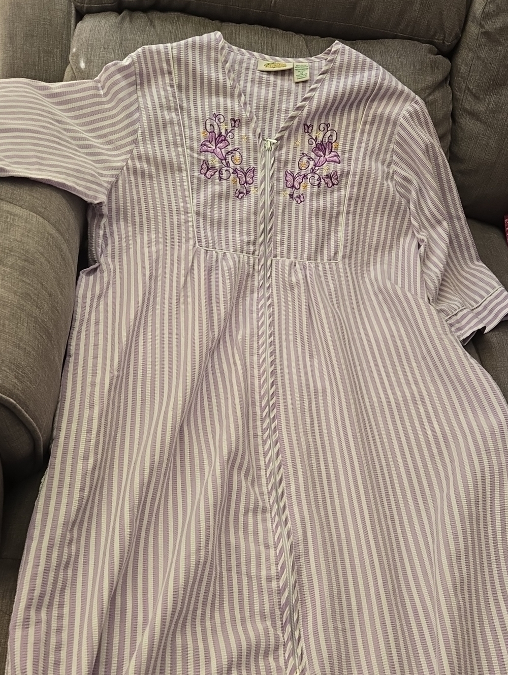 Light Lavender Stripe Women's House dress with Embroidered Accents